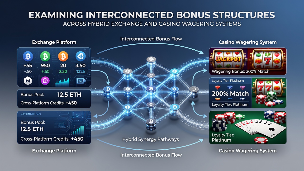 Teknisk diagram over bonusflow mellem exchange og casino sektioner på hybrid platform